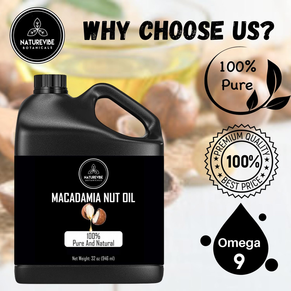 Naturevibe Botanicals Macadamia Nut Oil 32 Ounces Cold Pressed | 100% Pure & Natural | Great For Hair & Skin | Body Oil (946 Ml)