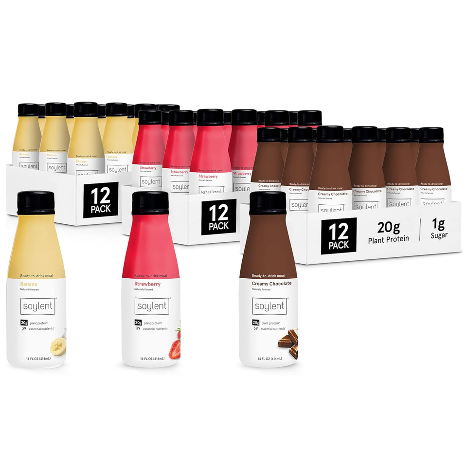 Soylent Meal Replacement Shake Banana Split Bundle - Creamy Chocolate, Banana and Strawberry, 14oz - 36 bottles