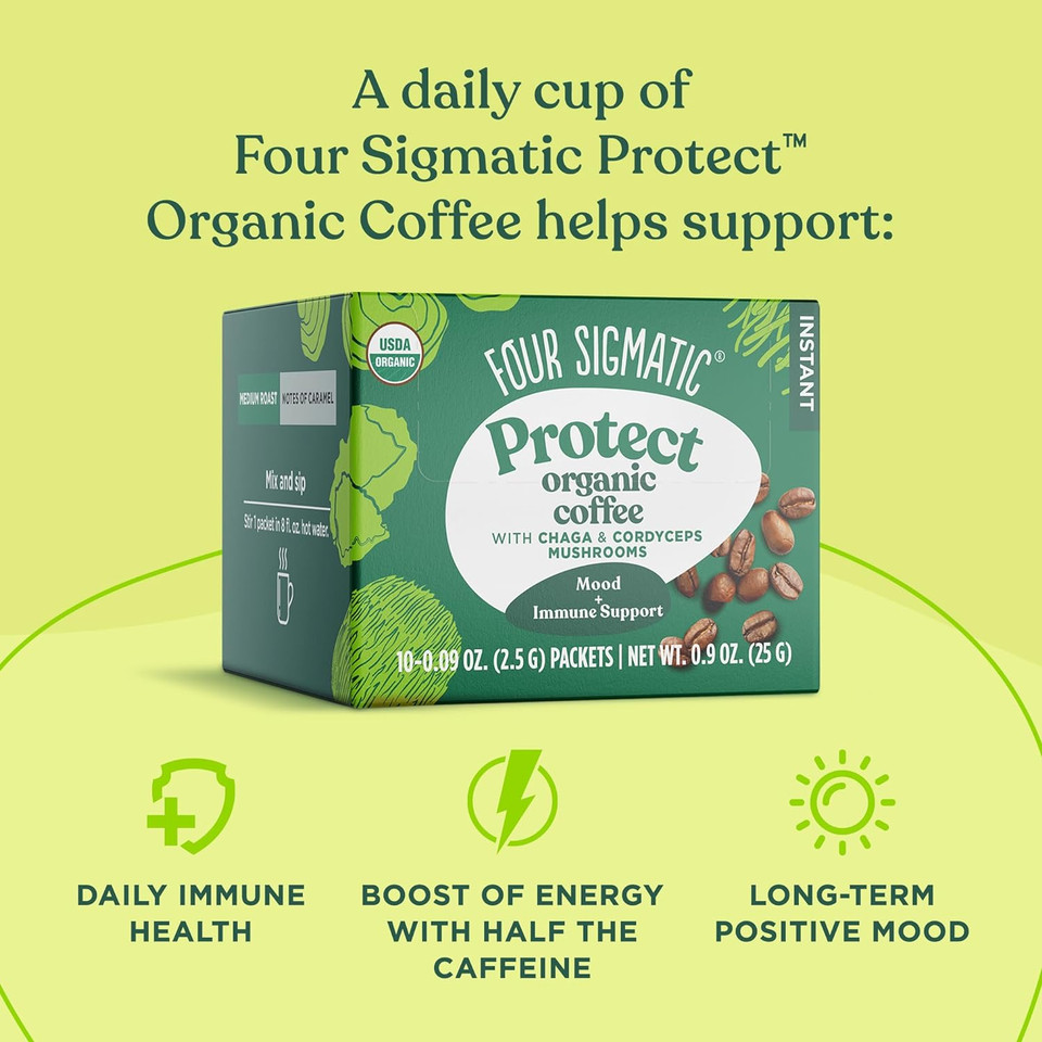 Organic Instant Coffee Powder By Four Sigmatic | Arabica Instant Coffee Singles With Cordyceps, Chaga And Eleuthero | Mushroom Coffee Instant Mix For Better Focus And Immune Support | 10 Packets