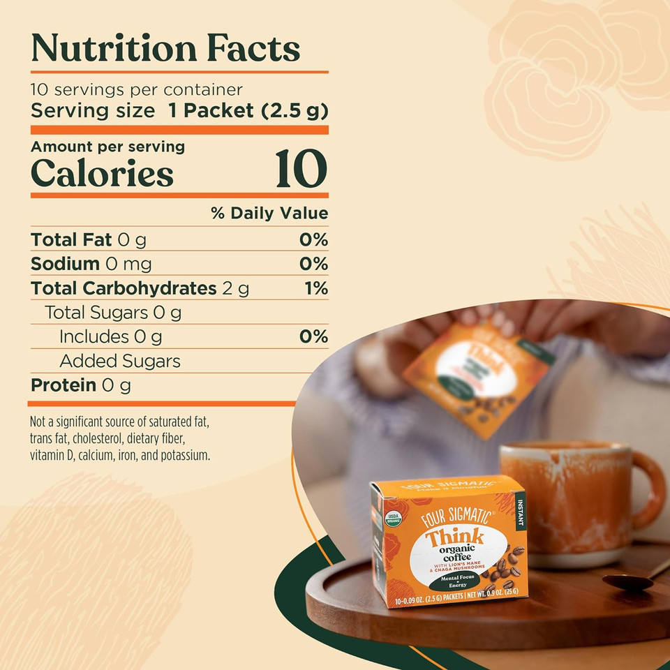 Four Sigmatic Foods Mushroom Instant Coffee, Organic And Fair Trade With Lions Mane, Chaga, & Mushroom Powder, Focus & Immune Support, Paleo, 0.9 Oz - 10 Count (Pack Of 1)