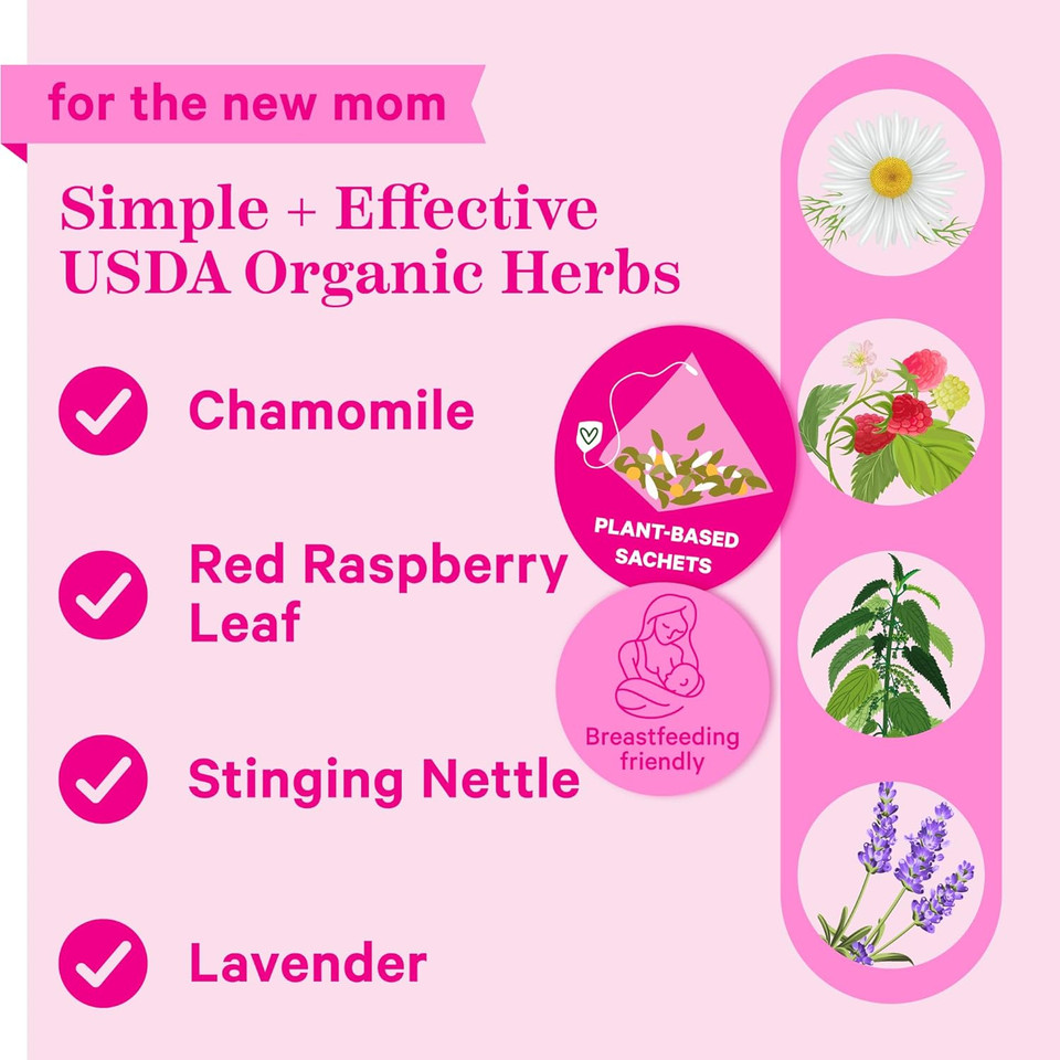 Pink Stork Postpartum Uplift Mood Support Tea: Hormone Balance For Women After Pregnancy, Chamomile Tea With Red Raspberry Leaf For Postpartum Recovery - Caffeine-Free, 15 Sachets