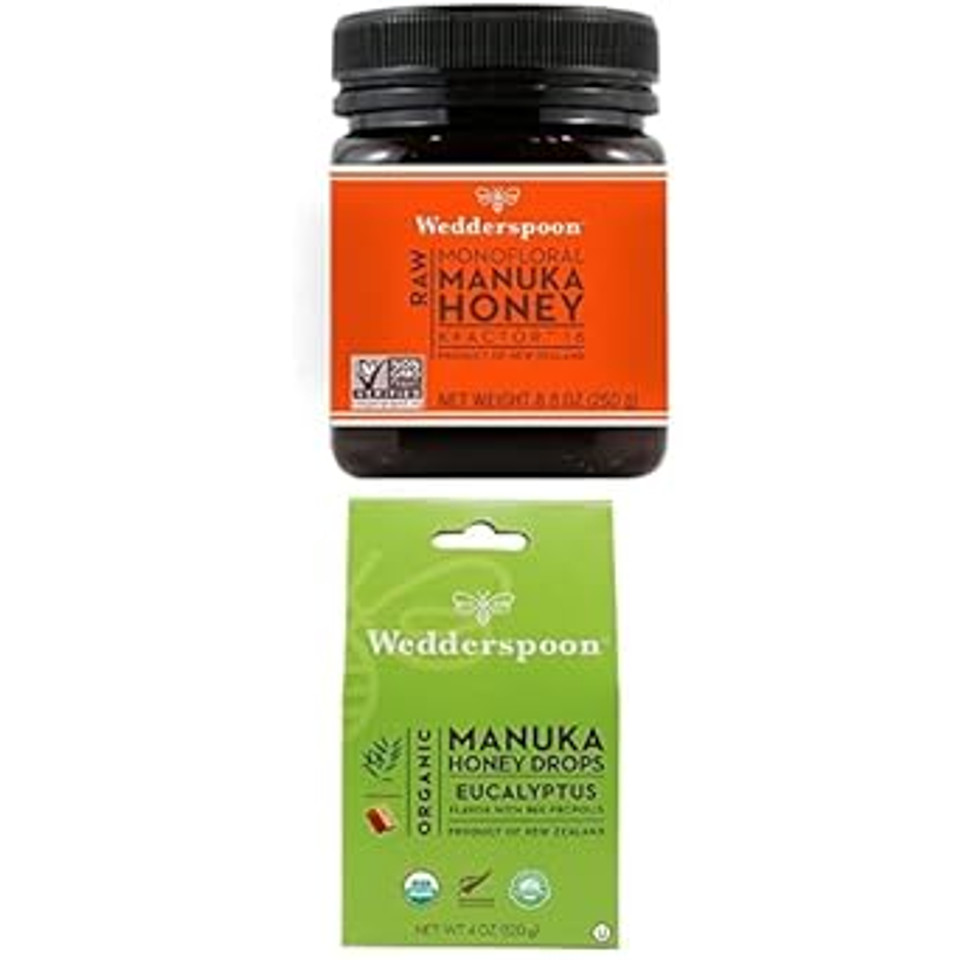 Wedderspoon Raw Premium Manuka Honey KFactor 16 (8.8 Oz, Pack of 1) and Manuka Honey Drops Eucalyptus & Bee Propolis (20 Count, Pack of 1) - Genuine New Zealand Honey, Perfect Remedy For Dry Throats