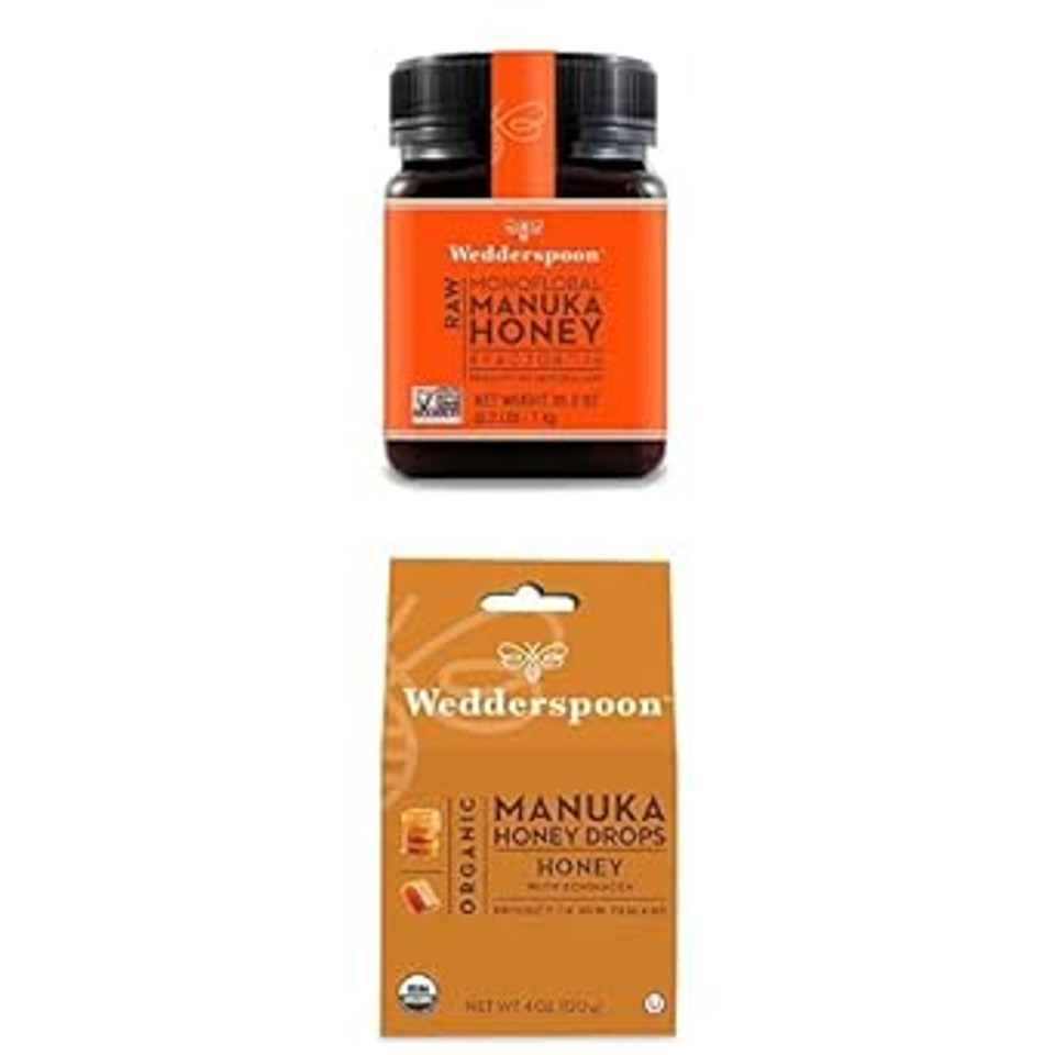 Bundle - Wedderspoon Raw Premium Manuka Honey KFactor 16 (35.2 Oz) and Manuka Honey Drops Honey & Echinacea (4 Oz)