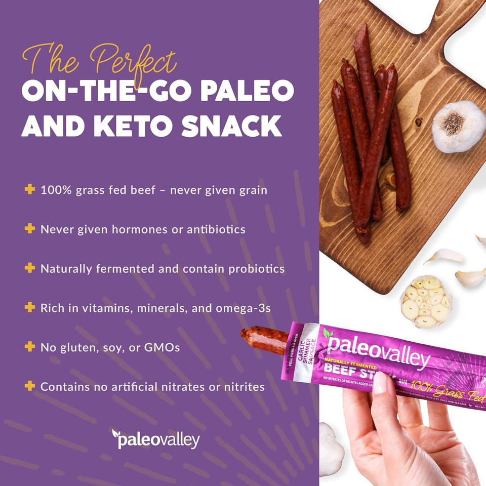 Paleovalley 100% Grass Fed Garlic Summer Sausage Beef Sticks - Delicious Gluten Free Beef Snack - High Protein Keto Friendly