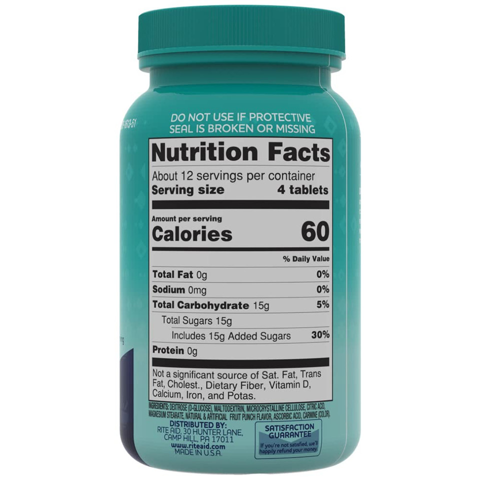 Rite Aid Glucose Tablets, Tropical Fruit Flavor - 50 Count - Low Blood Sugar Tablets - Fat Free - Gluten Free - Sodium Free - Caffeine Free - 4 Carbs Per Serving
