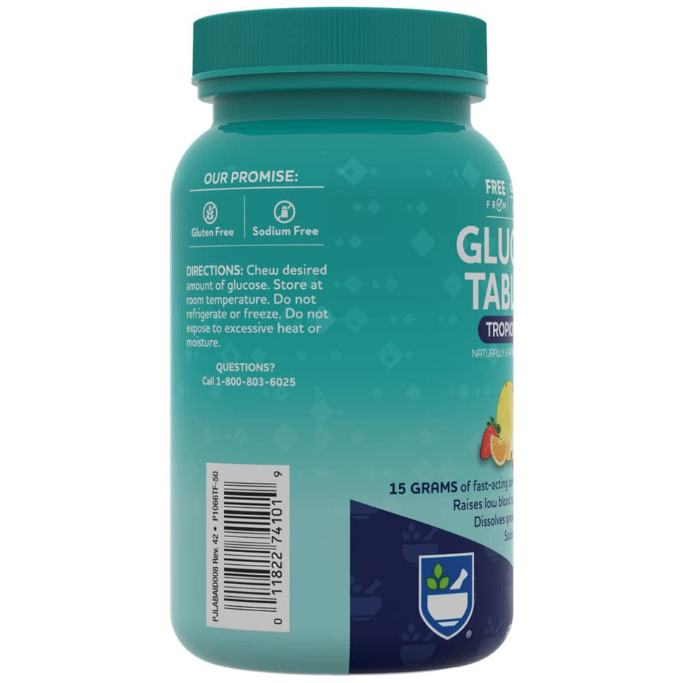 Rite Aid Glucose Tablets, Tropical Fruit Flavor - 50 Count - Low Blood Sugar Tablets - Fat Free - Gluten Free - Sodium Free - Caffeine Free - 4 Carbs Per Serving