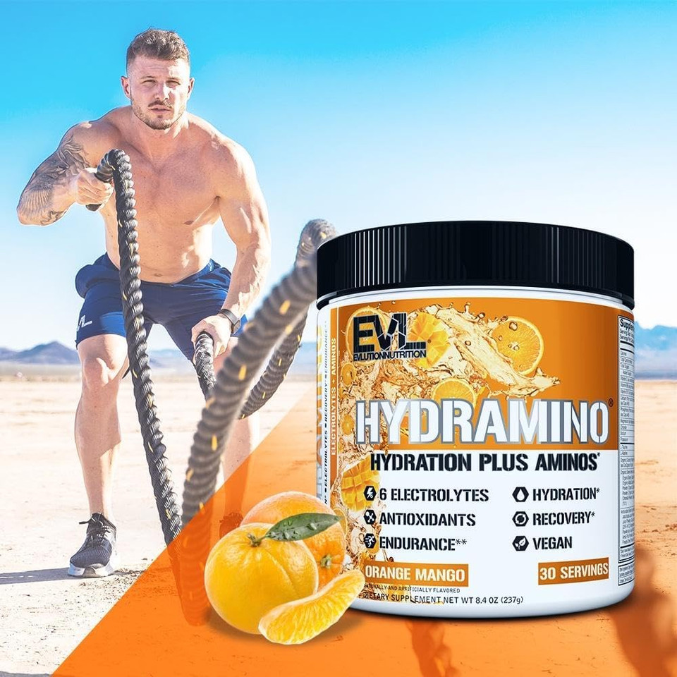 Evlution Nutrition Hydramino Complete Hydration Multiplier, All 6 Electrolytes, Vitamin C & B, Fluid Boosting Aminos, Coconut Water, Endurance, Recovery, Antioxidants, 30 Serve, Orange Mango Evlution Nutrition Hydramino Complete Hydration Multiplier, All 6 Electrolytes, Vitamin C & B, Fluid Boosting Aminos, Coconut Water, Endurance, Recovery, Antioxidants, 30 Serve, Orange Mango