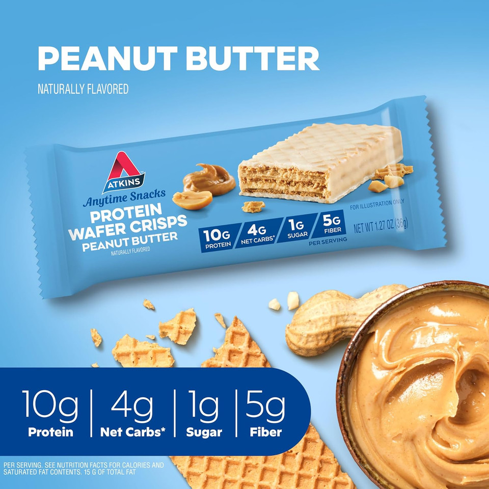 Atkins Peanut Butter Protein Wafer Crisps, Protein Dessert, 4G Net Carb, 1G Sugar, Keto Friendly, 5 Count