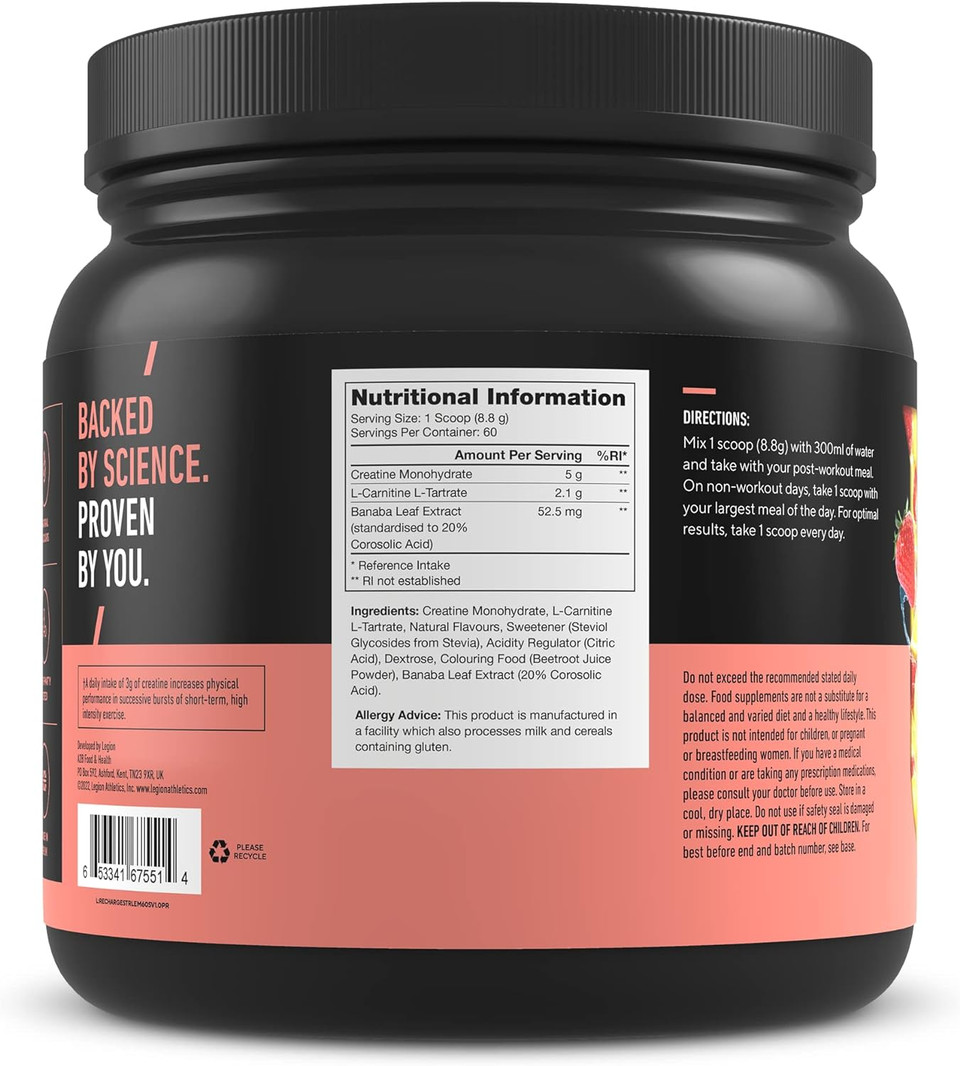 Legion Recharge Post Workout Supplement (Strawberry Lemonade) - All Natural Muscle Builder & Recovery Drink With Micronized Creatine Monohydrate. Naturally Sweetened & Flavored 60 Serving