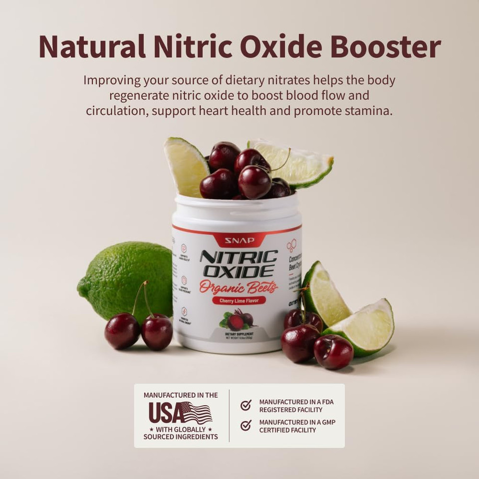 Snap Supplements Usda Organic Beet Root Powder, 3-In-1 Nitric Oxide Supplement, Support Healthy Blood Circulation, 250G (30 Servings, Cherry Lime)