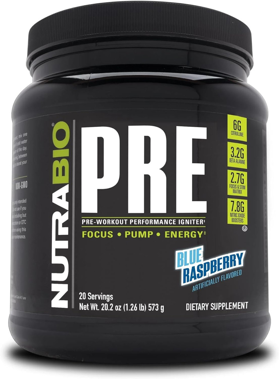 Nutrabio Pre Workout Powder - Sustained Energy, Mental Focus, Endurance - Clinically Dosed Formula - Beta Alanine, Creatine, Caffeine, Electrolytes - 20 Servings - Blue Raspberry