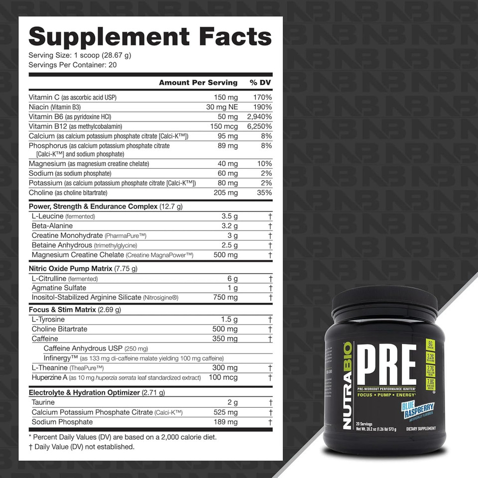 Nutrabio Pre Workout Powder - Sustained Energy, Mental Focus, Endurance - Clinically Dosed Formula - Beta Alanine, Creatine, Caffeine, Electrolytes - 20 Servings - Blue Raspberry
