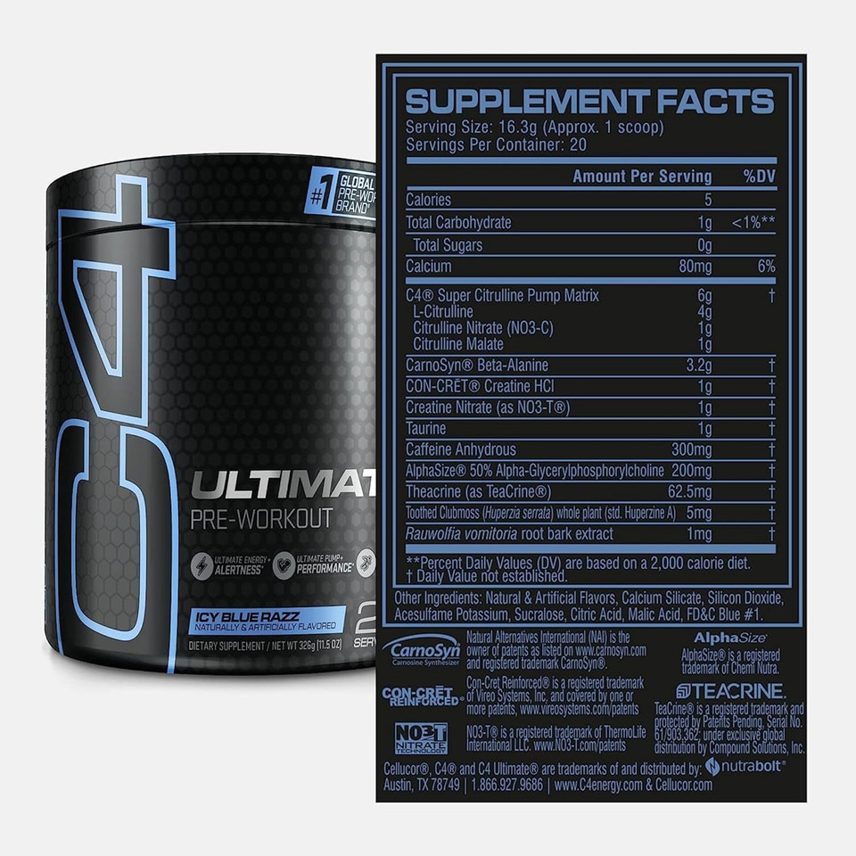 Cellucor C4 Ultimate Pre Workout Powder Icy Blue Razz - Sugar Free Preworkout Energy Supplement For Men & Women - 300Mg Caffeine + 3.2G Beta Alanine + 2 Patented Creatines - 20 Servings
