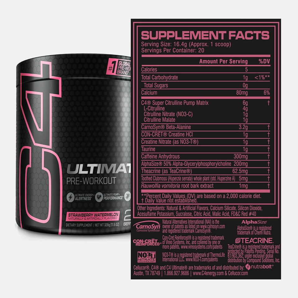 Cellucor C4 Ultimate Pre Workout Powder Watermelon - Sugar Free Preworkout Energy Supplement For Men & Women - 300Mg Caffeine + 3.2G Beta Alanine + 2 Patented Creatines - 20 Servings
