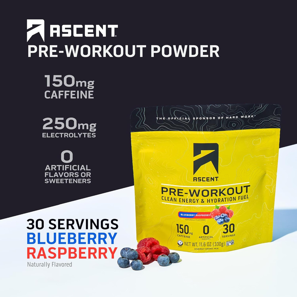 Ascent Pre Workout Powder - Preworkout For Men & Women With Zero Artificial Flavors & Sweeteners - Clean Energy With 150G Caffeine & 250G Electrolytes - Blueberry Raspberry, 30 Servings