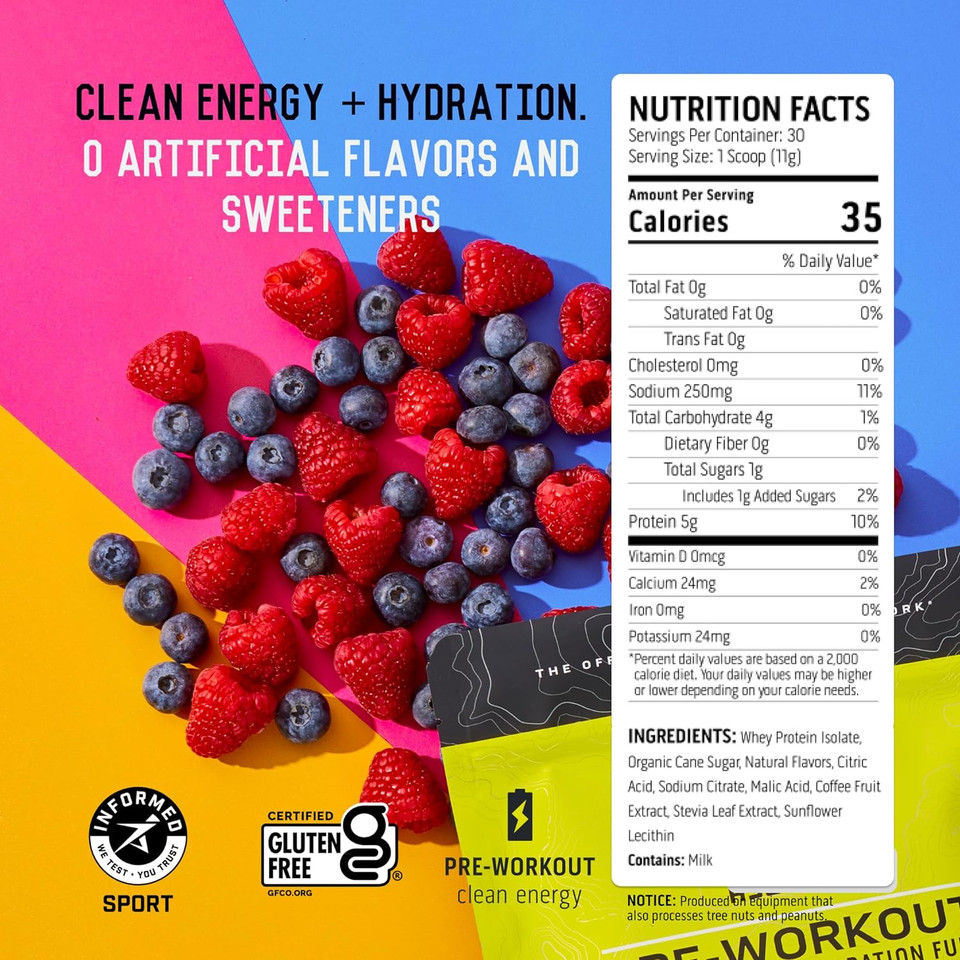 Ascent Pre Workout Powder - Preworkout For Men & Women With Zero Artificial Flavors & Sweeteners - Clean Energy With 150G Caffeine & 250G Electrolytes - Blueberry Raspberry, 30 Servings