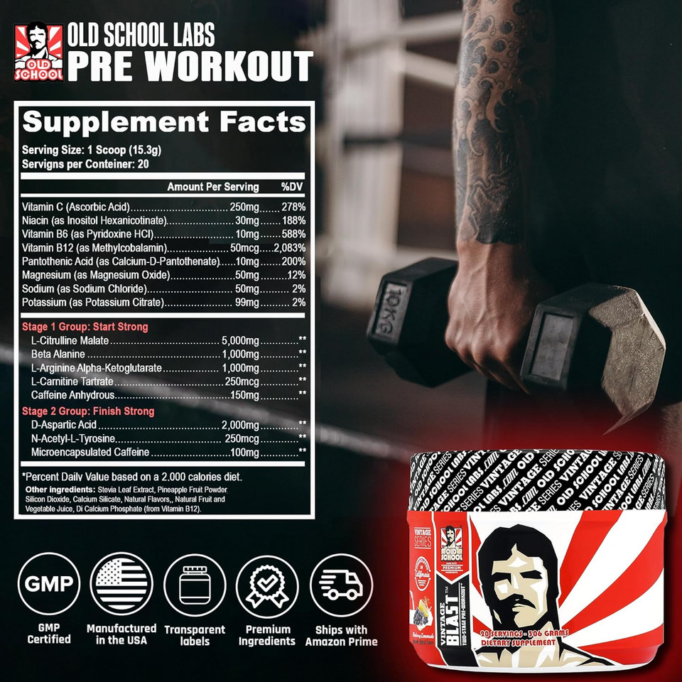 Vintage Blast - The Ultimate Two-Stage Pre Workout Supplement For Explosive Energy, Endurance, & Focus - Boost Workouts With Natural Ingredients: L-Citrulline Malate, Beta-Alanine, & Caffeine - 306G