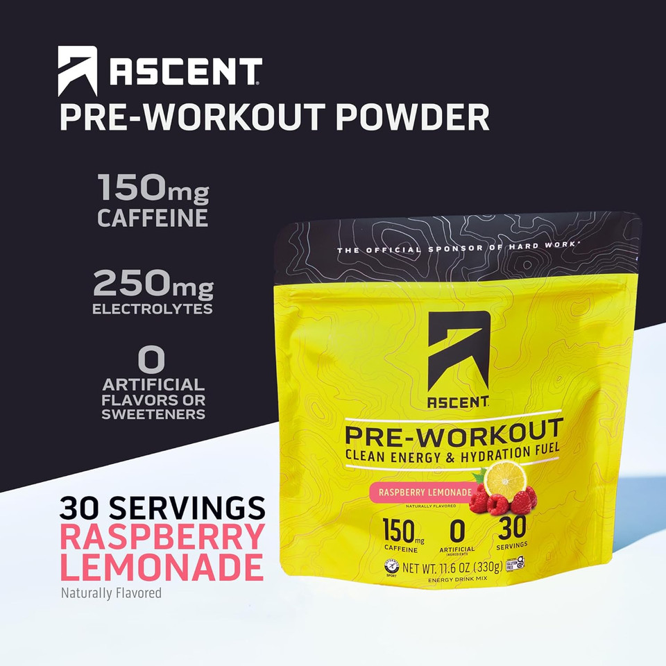 Ascent Pre Workout Powder - Preworkout For Men & Women With No Artificial Ingredients Or Flavors - Clean Energy With 150G Caffeine & 250G Electrolytes - Raspberry Lemonade, 30 Servings