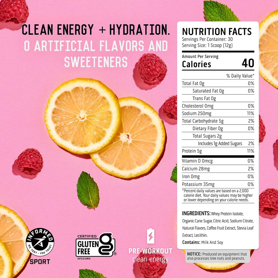 Ascent Pre Workout Powder - Preworkout For Men & Women With No Artificial Ingredients Or Flavors - Clean Energy With 150G Caffeine & 250G Electrolytes - Raspberry Lemonade, 30 Servings