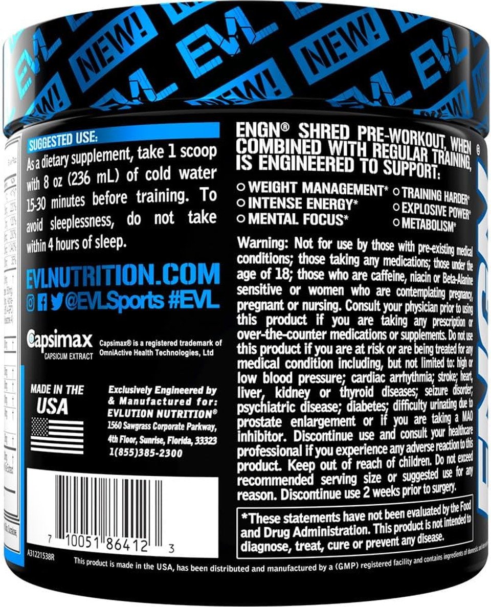 Evl Ultimate Pre Workout Powder - Thermogenic Fat Burn Support Preworkout Powder Drink For Lasting Energy Focus And Stamina - Engn Shred Intense Creatine Free Preworkout Drink Mix - Blue Raz
