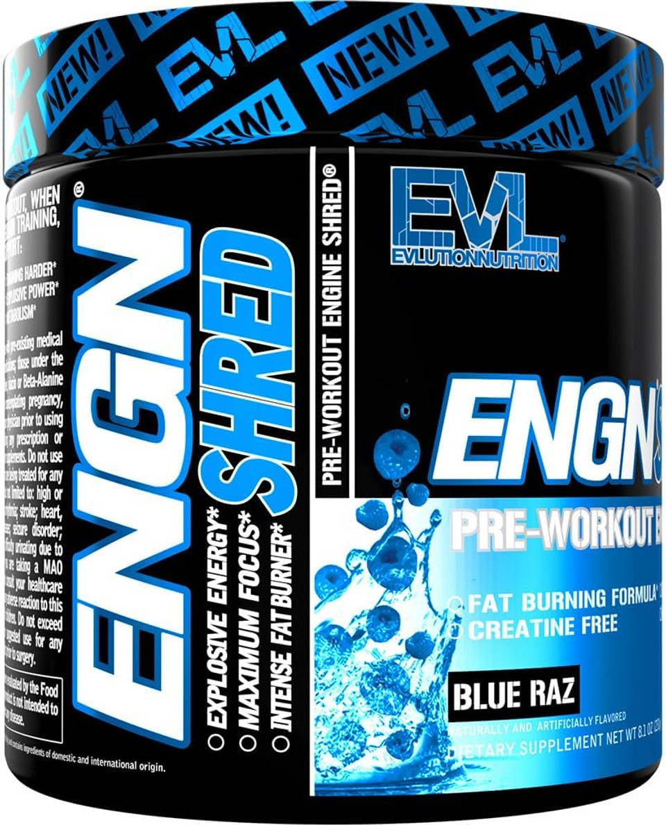 Evl Ultimate Pre Workout Powder - Thermogenic Fat Burn Support Preworkout Powder Drink For Lasting Energy Focus And Stamina - Engn Shred Intense Creatine Free Preworkout Drink Mix - Blue Raz