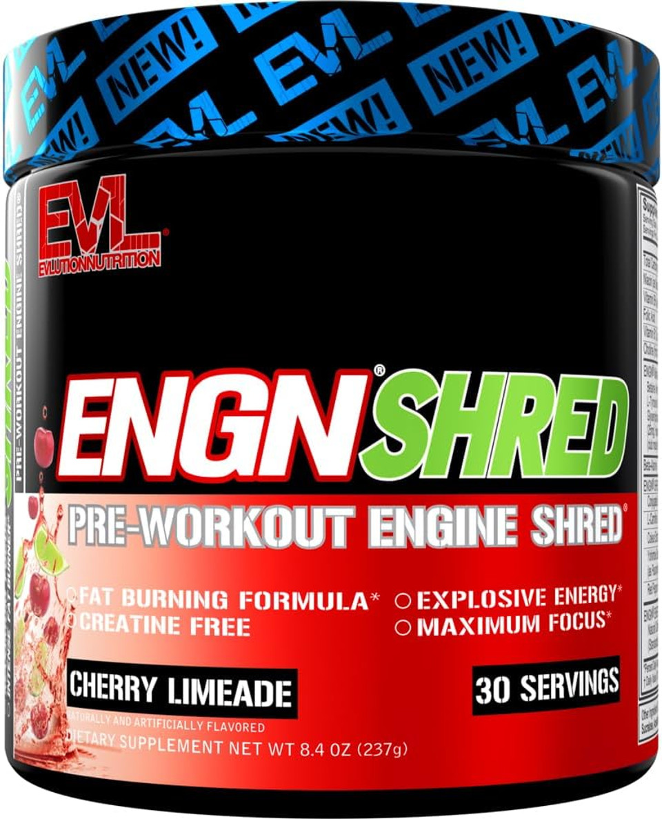 Evl Ultimate Pre Workout Powder - Thermogenic Fat Burn Support Preworkout Powder Drink For Lasting Energy Focus And Stamina - Engn Shred Intense Creatine Free Preworkout Drink Mix - Blue Raz