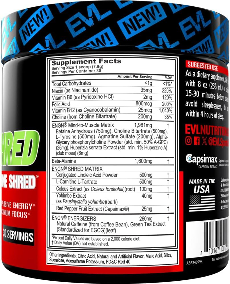 Evl Ultimate Pre Workout Powder - Thermogenic Fat Burn Support Preworkout Powder Drink For Lasting Energy Focus And Stamina - Engn Shred Intense Creatine Free Preworkout Drink Mix - Blue Raz