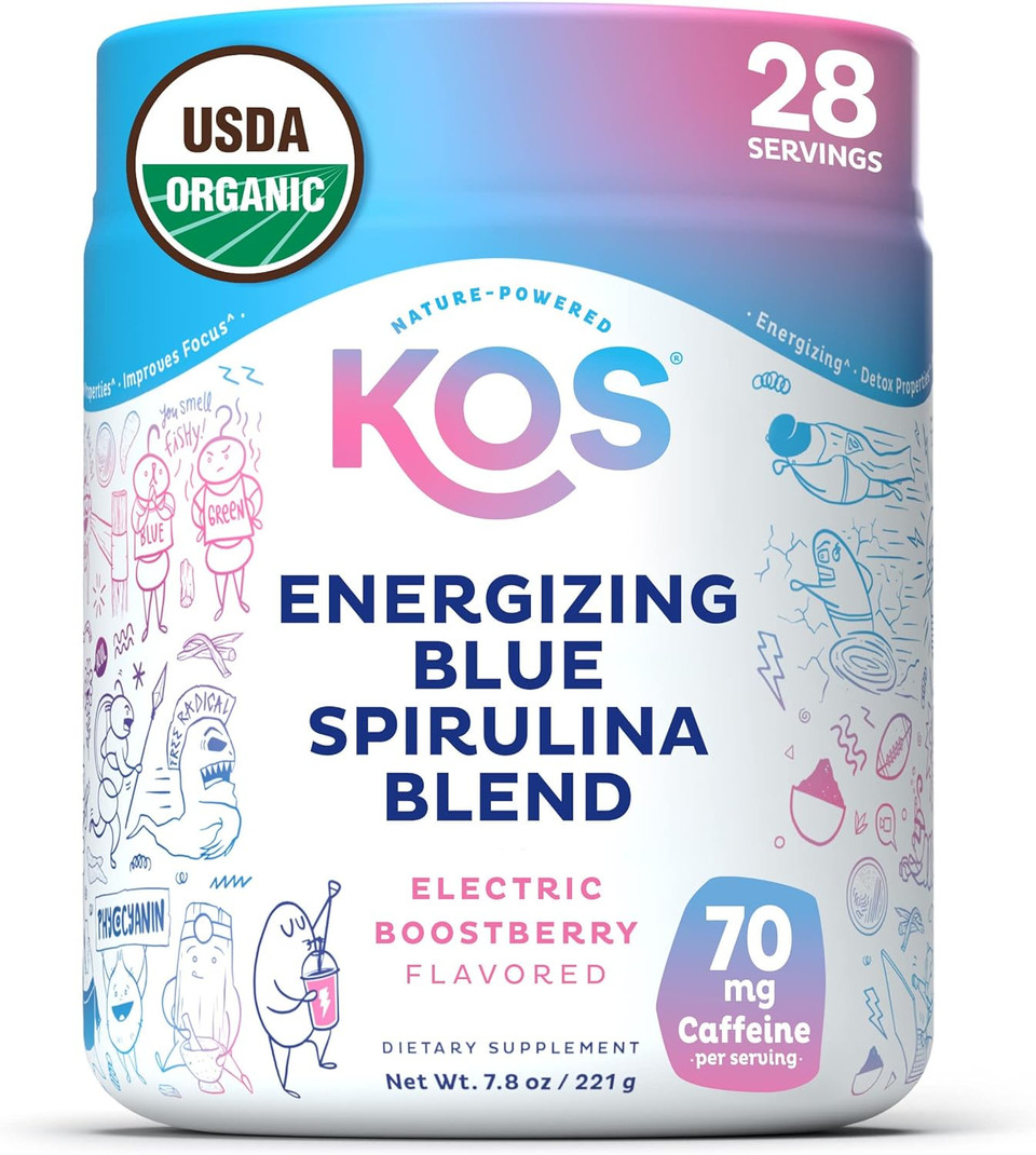 Kos Usda Organic Energizing Blue Spirulina Blend - 70 Mg Organic Caffeine, B-Complex, Ashwagandha Root, Ginseng, Mushroom - Plant Based, Vegan Pre Workout Powder - Blue Raspberry Flavored, 28 Servings Kos Usda Organic Energizing Blue Spirulina Blend - 70 Mg Organic Caffeine, B-Complex, Ashwagandha Root, Ginseng, Mushroom - Plant Based, Vegan Pre Workout Powder - Blue Raspberry Flavored, 28 Servings