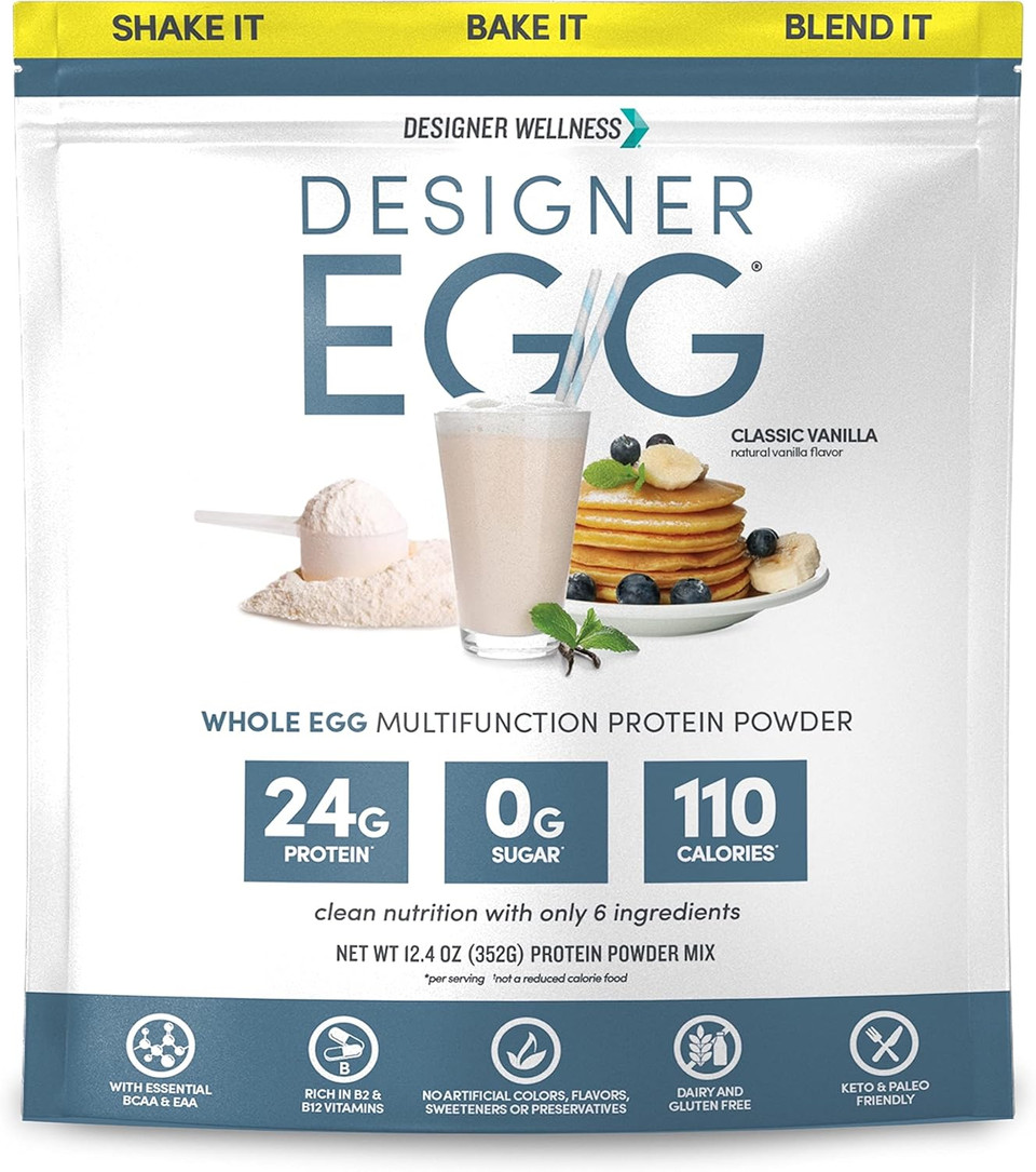 Designer Wellness, Designer Egg, Natural Egg Yolk & Egg White Protein Powder, Keto And Paleo Friendly, Low Calorie, Less Fat And Cholesterol, Classic Vanilla, 12.4 Ounce