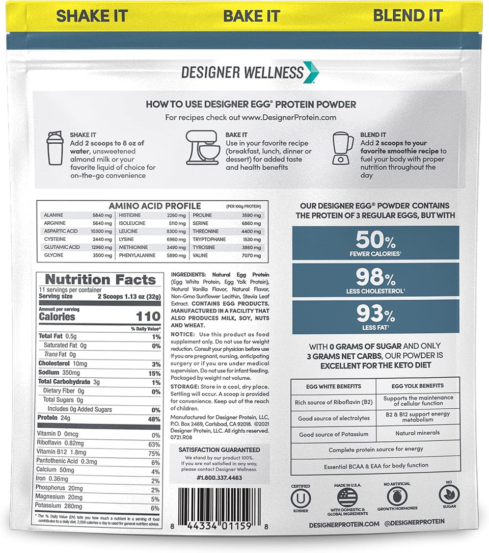 Designer Wellness, Designer Egg, Natural Egg Yolk & Egg White Protein Powder, Keto And Paleo Friendly, Low Calorie, Less Fat And Cholesterol, Classic Vanilla, 12.4 Ounce