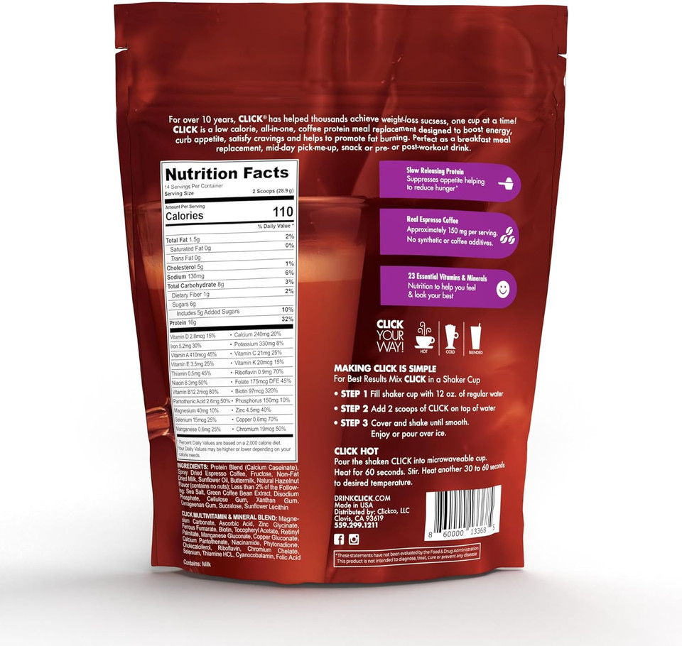 Click Coffee Protein Powder | Double Shot Espresso | 16G Protein | 23 Essential Vitamins | Low Calorie Meal Replacement | 150Mg Caffeine | Gluten Free | No Artificial Flavors Or Colors | Hazelnut
