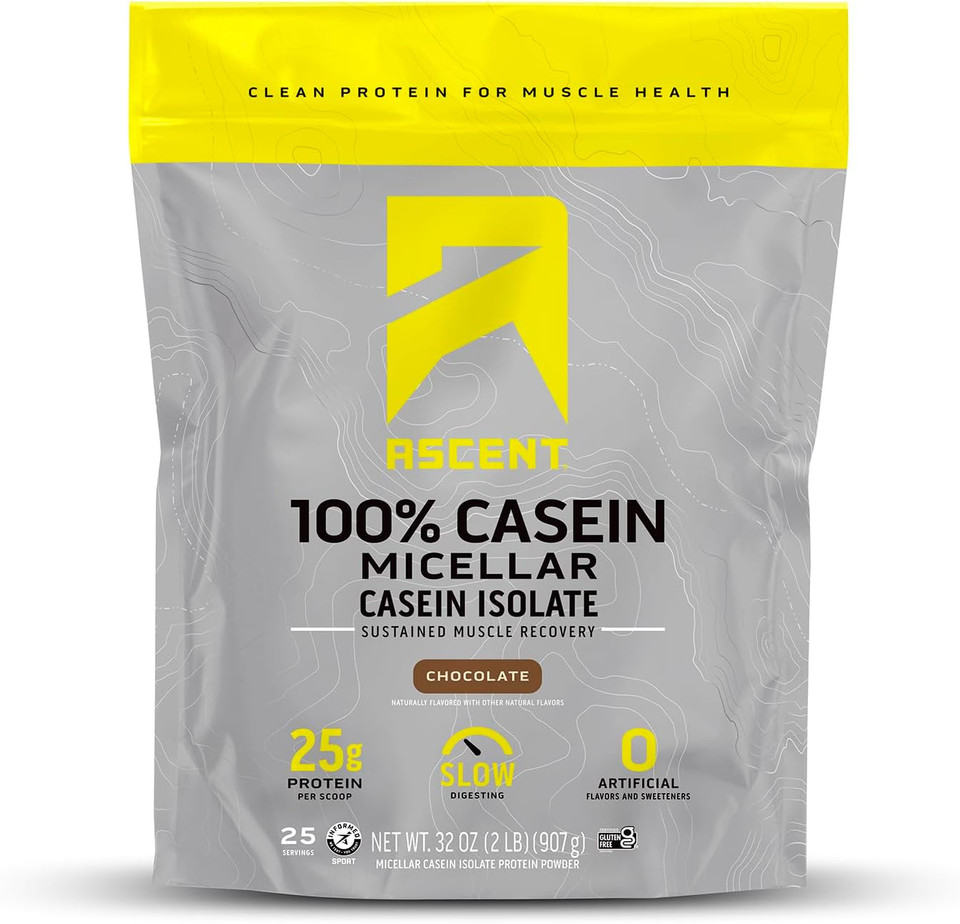 Ascent Casein Protein Powder - 25G Micellar Casein Powder With Zero Artificial Flavors & Sweeteners, Gluten-Free, No Added Sugar, 4.9G Bcaa, 2.2G Leucine - Chocolate, 2 Pounds