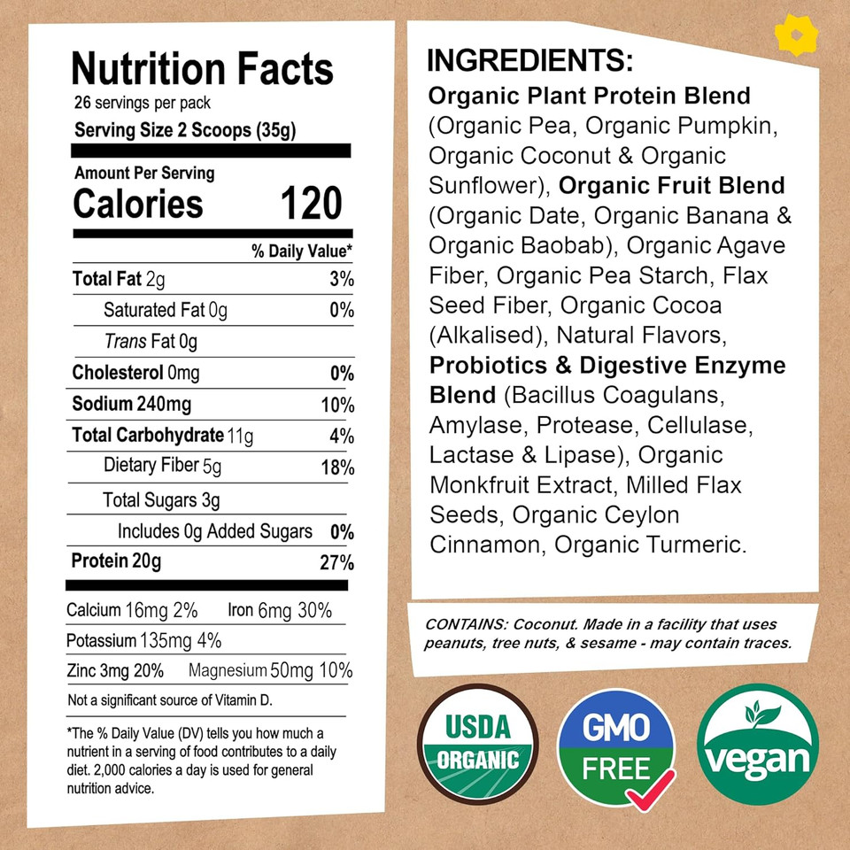 Earthchimp Organic Vegan Protein Powder - With Probiotics - Non Gmo, Dairy Free, Non Whey, Plant Based Protein Powder For Women And Men, Gluten Free - 26 Servings 32 Oz (Vanilla)