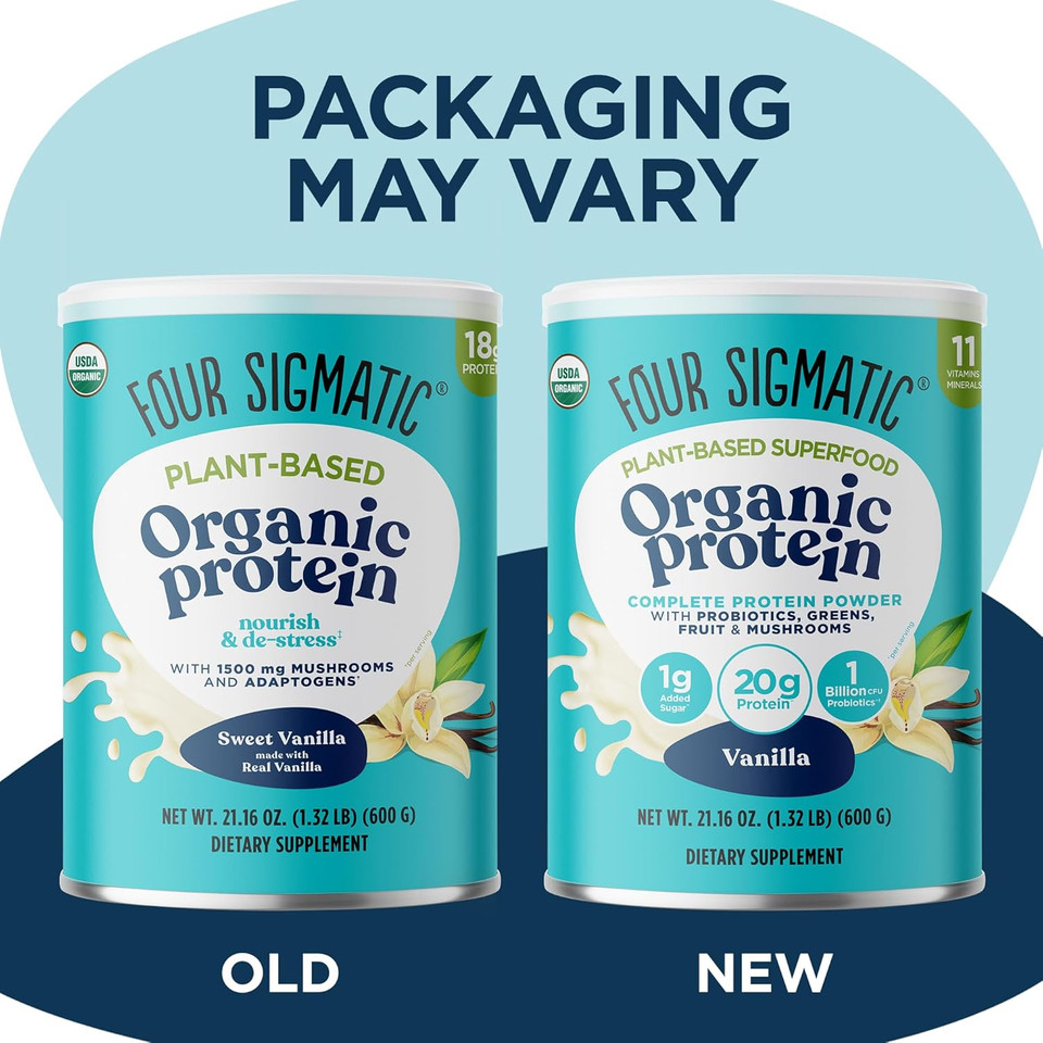 Four Sigmatic Organic Vegan Protein Powder | 18G Plant-Based Protein Per Serving | Gluten Free, Dairy Free, Soy Free, Non-Gmo With No Filler Ingredients | 21.16Oz, 15 Servings | Sweet Vanilla