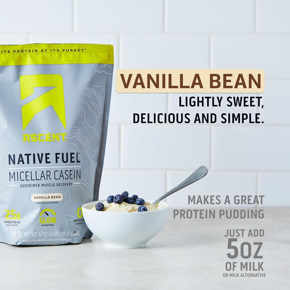 Ascent Casein Protein Powder - 25G Micellar Casein Powder With Zero Artificial Flavors & Sweeteners, Gluten-Free, No Added Sugar, 4.9G Bcaa, 2.2G Leucine - Vanilla Bean, 2 Pounds