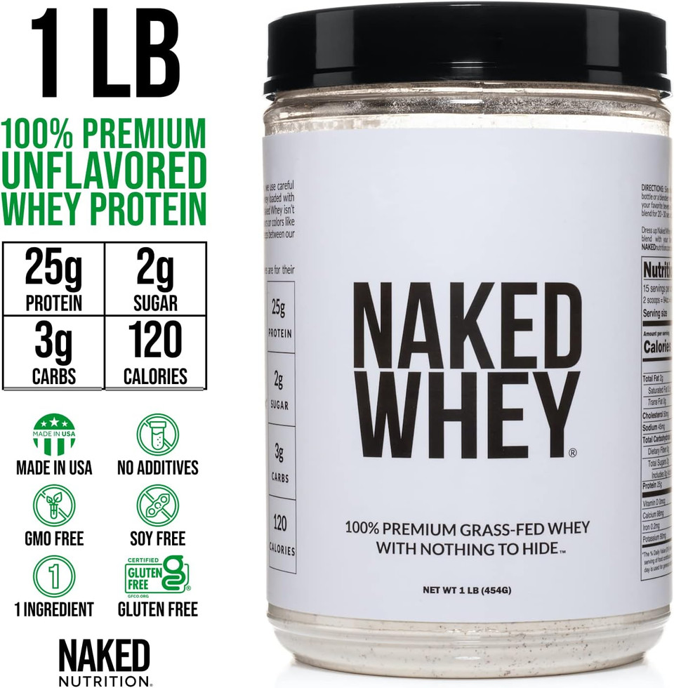 Naked Nutrition Naked Whey 1Lb - Only 1 Ingredient, Grass Fed Whey Protein Powder, Undenatured, No Gmos, No Soy, Gluten Free, Stimulate Growth, Enhance Recovery - 15 Servings