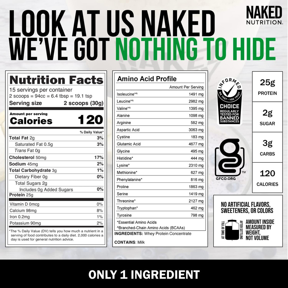 Naked Nutrition Naked Whey 1Lb - Only 1 Ingredient, Grass Fed Whey Protein Powder, Undenatured, No Gmos, No Soy, Gluten Free, Stimulate Growth, Enhance Recovery - 15 Servings