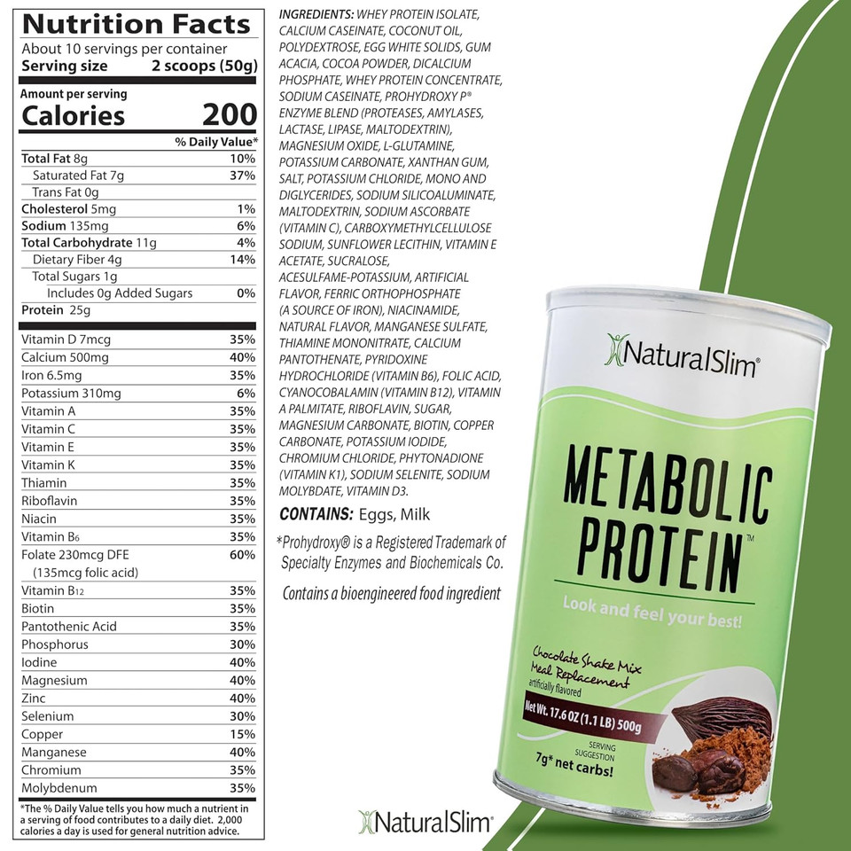 Naturalslim Metabolic Whey Protein Powder Chocolate  Low Carb, Meal Replacement Shake W/Vitamins, Minerals & Amino Acid L-Glutamine | Great Taste And Very Filling Protein Shake, 10 Servings, 17.6Oz