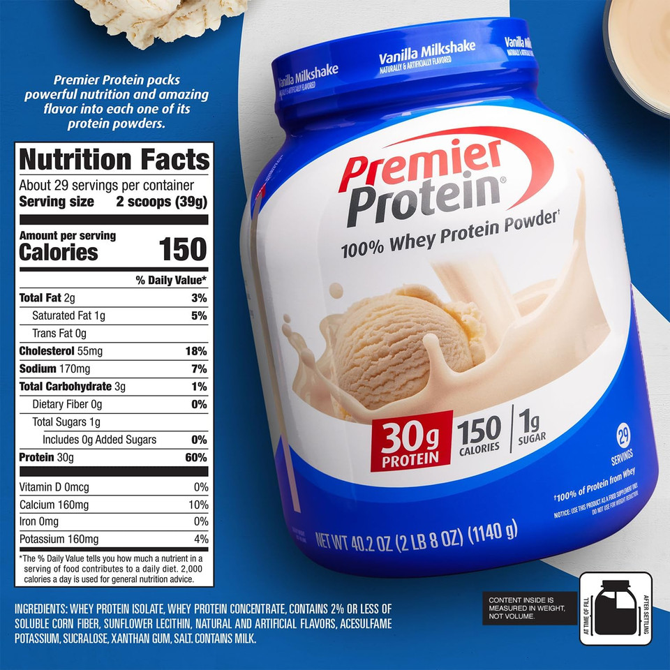 Premier Protein Powder, Vanilla Milkshake, 30G Protein, 1G Sugar, 100% Whey Protein, Keto Friendly, No Soy Ingredients, Gluten Free, 17 Servings, 23.3 Ounces