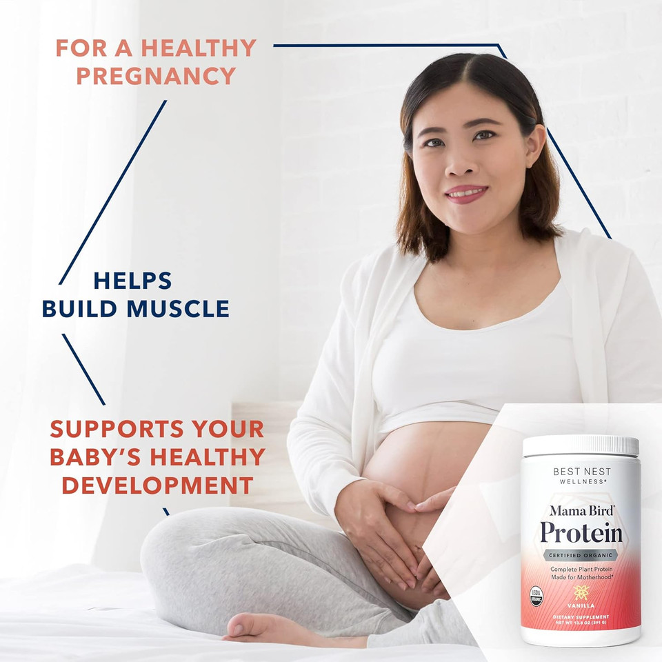 Best Nest Wellness Mama Bird Prenatal Protein Powder For Women, Certified Organic, Vegan, Non-Gmo, Hemp & Pea Plant Complete Protein, 15G, Dairy Free, Vanilla Flavor, 13.8 Oz