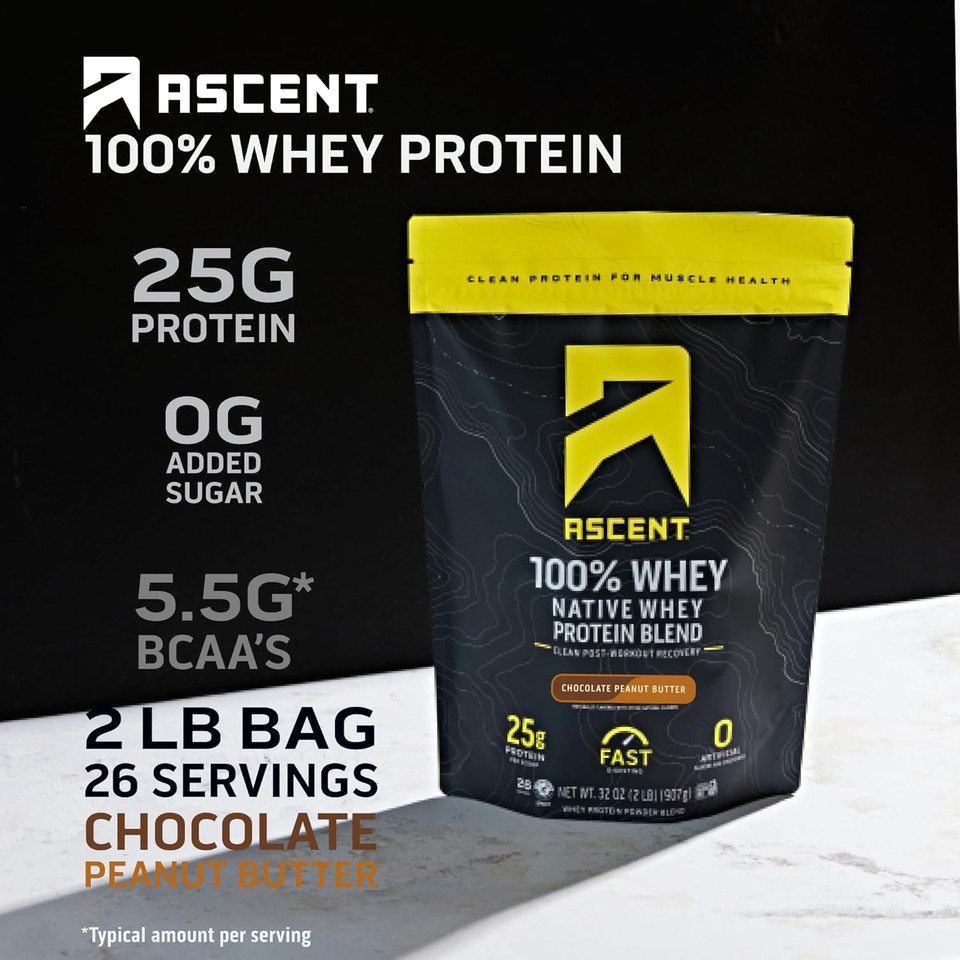 Ascent 100% Whey Protein Powder - Post Workout Whey Protein Isolate, Zero Artificial Flavors & Sweeteners, Gluten Free, 5.5G Bcaa, 2.6G Leucine, Essential Amino Acids, Chocolate 2 Lb