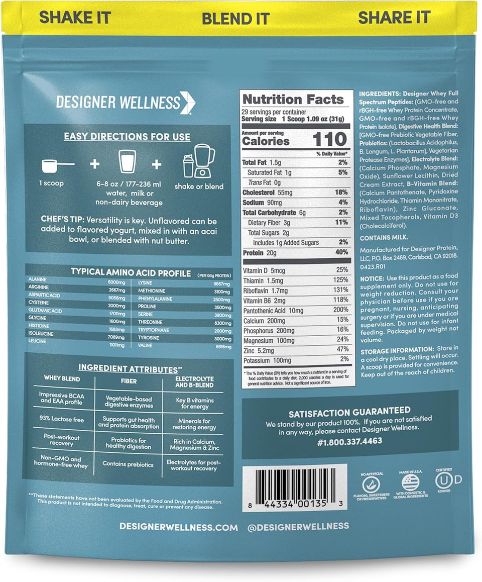 Designer Wellness, Designer Whey, Natural Whey Protein Powder With Probiotics, Fiber, And Key B-Vitamins For Energy, Gluten-Free, Purely Unflavored, 2 Lb