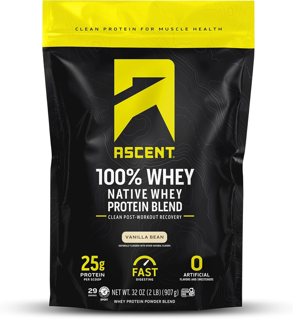 Ascent 100% Whey Protein Powder - Post Workout Whey Protein Isolate, Zero Artificial Flavors & Sweeteners, Soy & Gluten Free, 5.5G Bcaa, 2.6G Leucine, Essential Amino Acids, Vanilla Bean 2 Lb