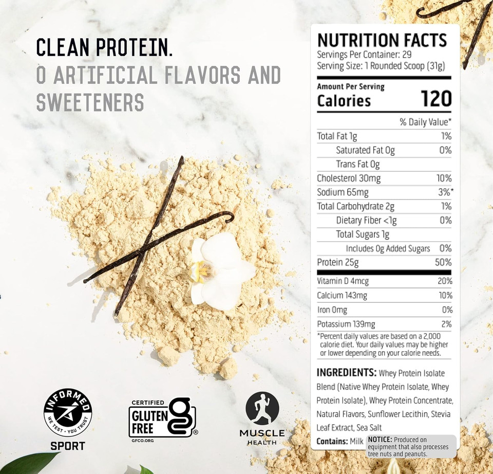Ascent 100% Whey Protein Powder - Post Workout Whey Protein Isolate, Zero Artificial Flavors & Sweeteners, Soy & Gluten Free, 5.5G Bcaa, 2.6G Leucine, Essential Amino Acids, Vanilla Bean 2 Lb