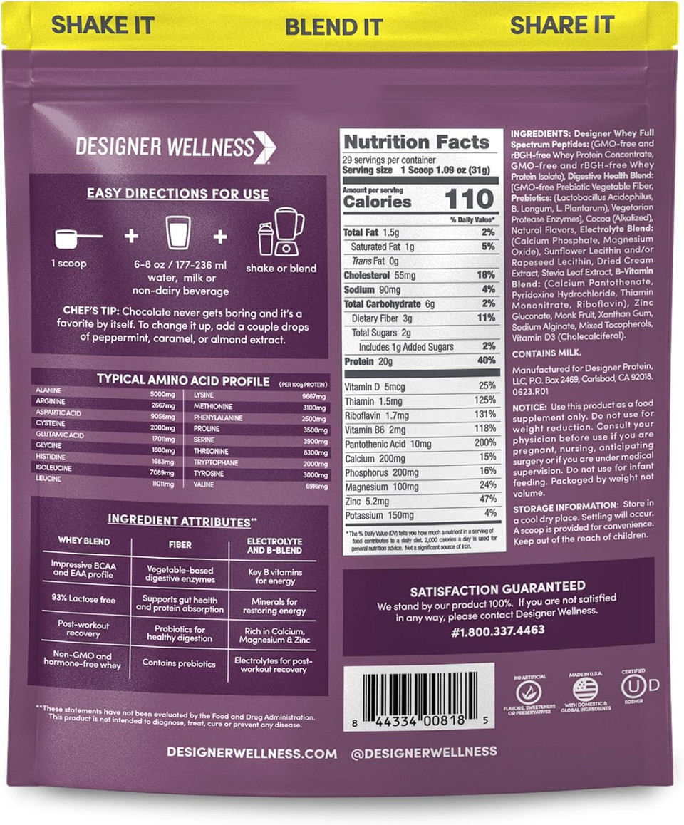 Designer Wellness, Designer Whey, Natural Whey Protein Powder With Probiotics, Fiber, And Key B-Vitamins For Energy, Gluten-Free, Summer Strawberry, 2 Lb