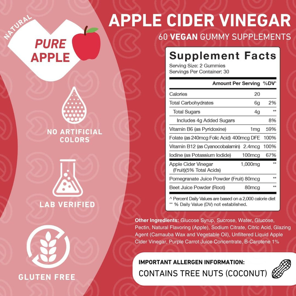 Apple Cider Vinegar Gummies  Raw, Natural, Unfiltered Acv From The Mother Supporting Detox, Cleanse & Immunity  Non-Gmo, Gluten Free, Vegan  60 Gummies