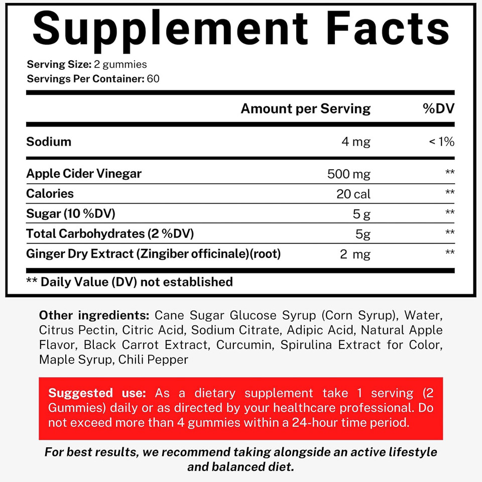 Apple Cider Vinegar Gummies With The Mother - Acv Gummies For Detox, Cleansing & Immune Support - Made With Black Carrot & Ginger Dry Extract - Pectin Based, Non-Gmo, Gluten-Free (120 Gummies)