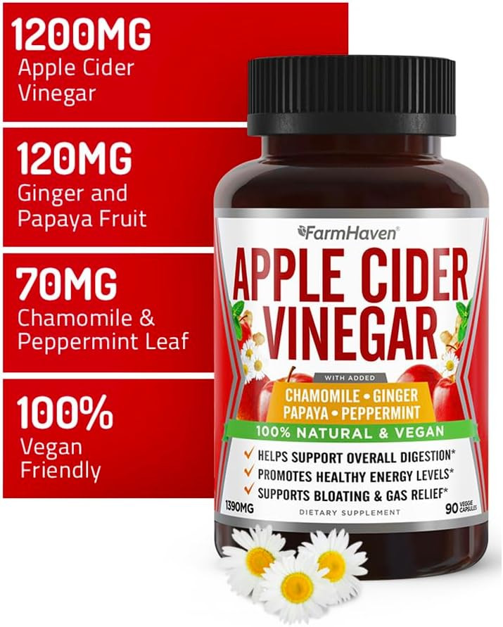 Apple Cider Vinegar Capsules With Ginger, Papaya & Chamomile | 1390Mg | Supports Digestion, Immunity | Like With Mother | Non-Gmo & 100% Natural | 180 Capsules