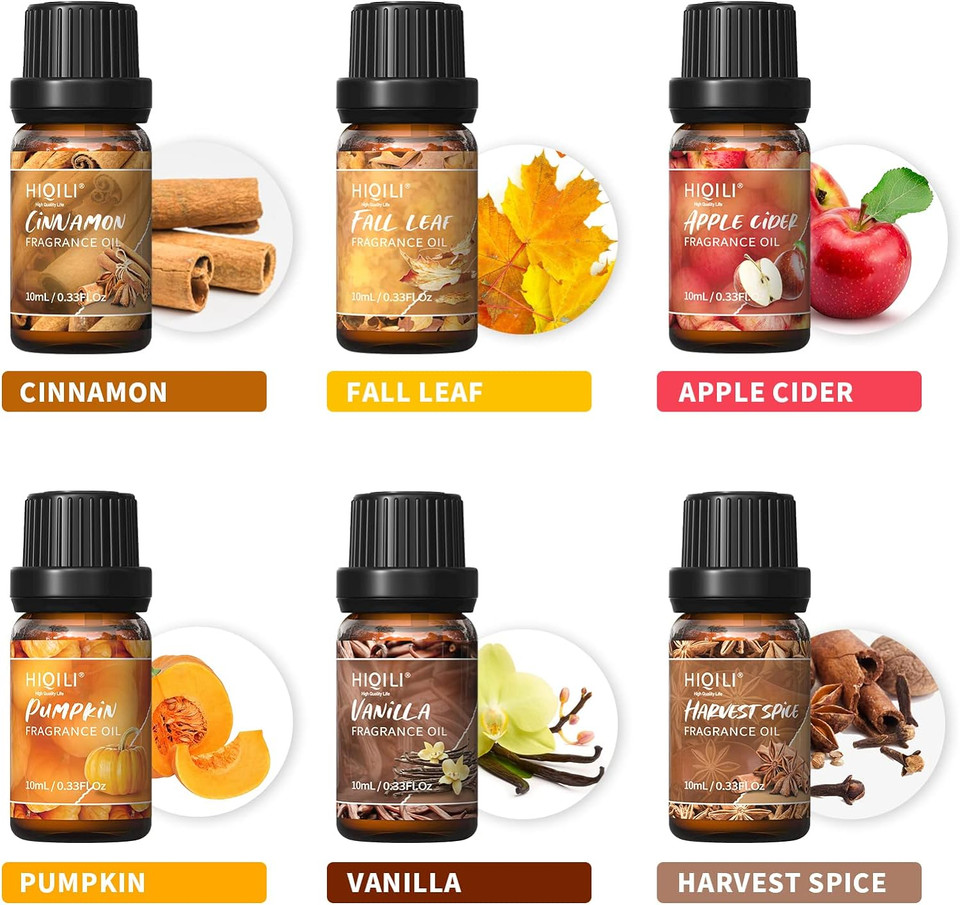 Hiqili Spice Fragrance Oil, Scented Oil 6X10Ml For Candle Making Soap Slime, Fall Essential Oils For Diffuser Home, Cinnamon Pumpkin Vanilla Apple Cider Harvest Spice Fall Leaf, Christmas Gifts