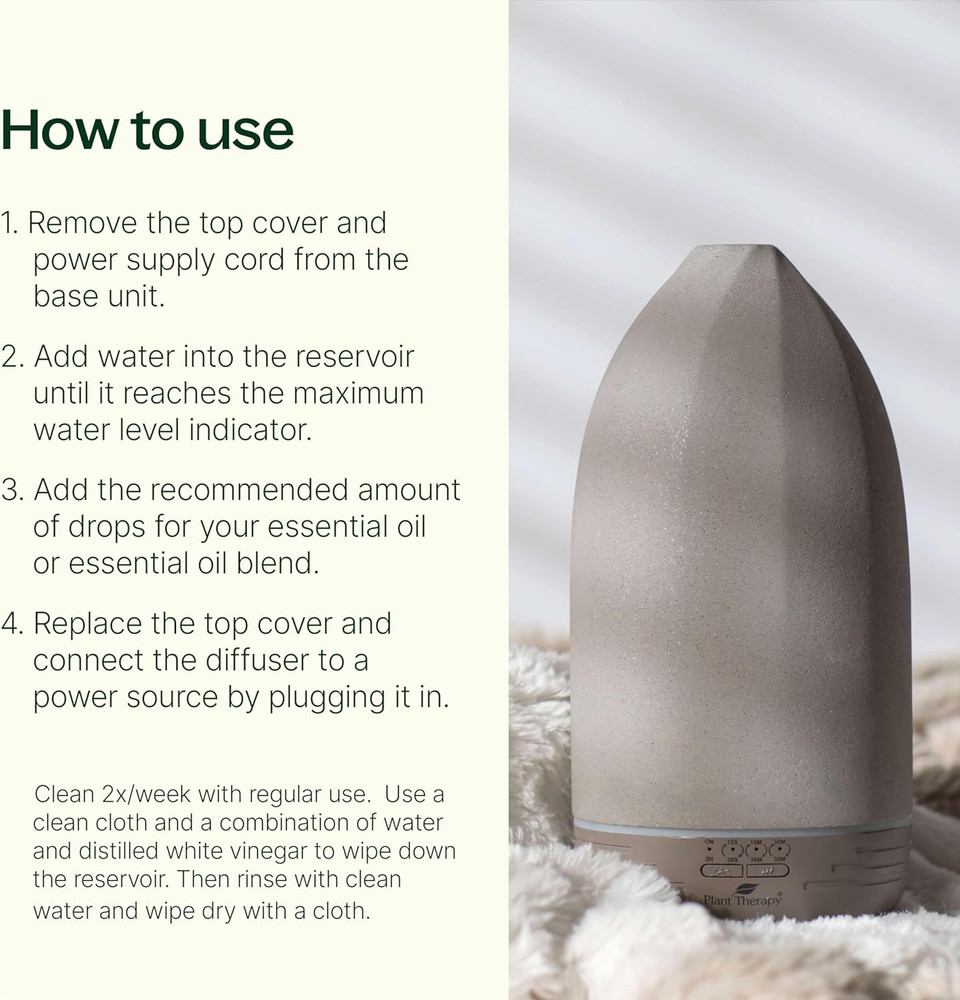 Plant Therapy Metro Stone Diffuser Gray - Essential Oil Diffuser - Sleek Design For Home & Office, 8 Hours Of Diffusion, Auto Shut Off, Soft Ambient Lighting, Four Timer Settings